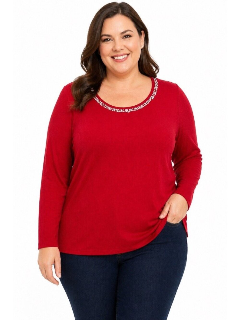 Talbots Top Women's 2x  Solid Red L/S Pullover Round Neck Rhinestone trim